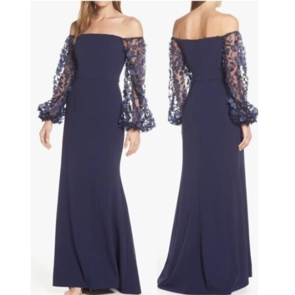 Eliza J | Off-the-Shoulder 3D Floral Sleeve Scuba Crepe Evening Dress - Picture 2 of 12